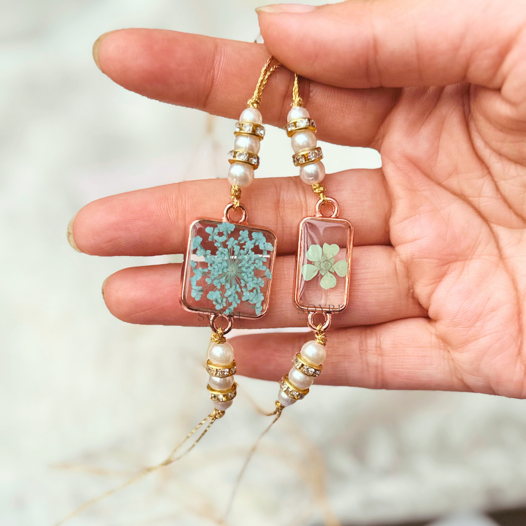 Turquoise & Mint Rakhi | Set of 2, Real Pressed Flower