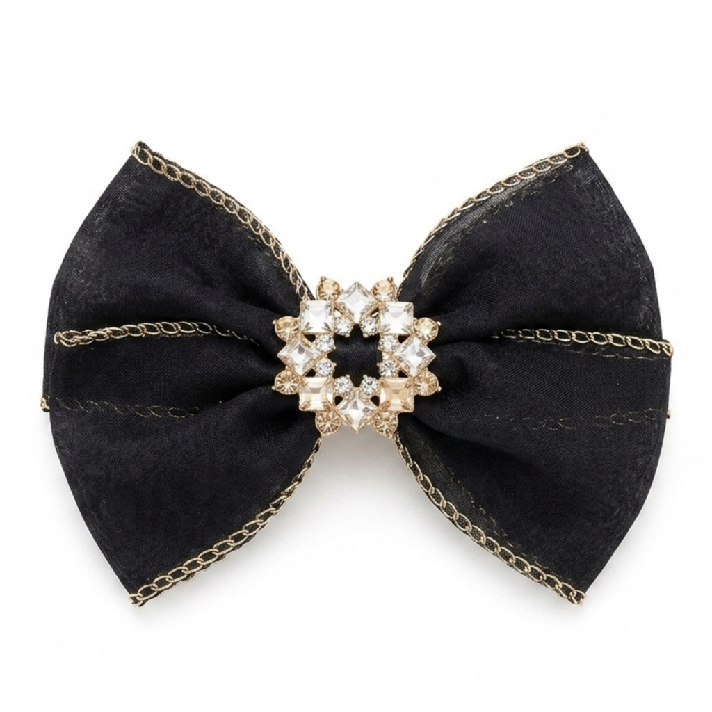 Black Sheer Bow Hair Clip with Crystal Detail - Evening Statement Accessory