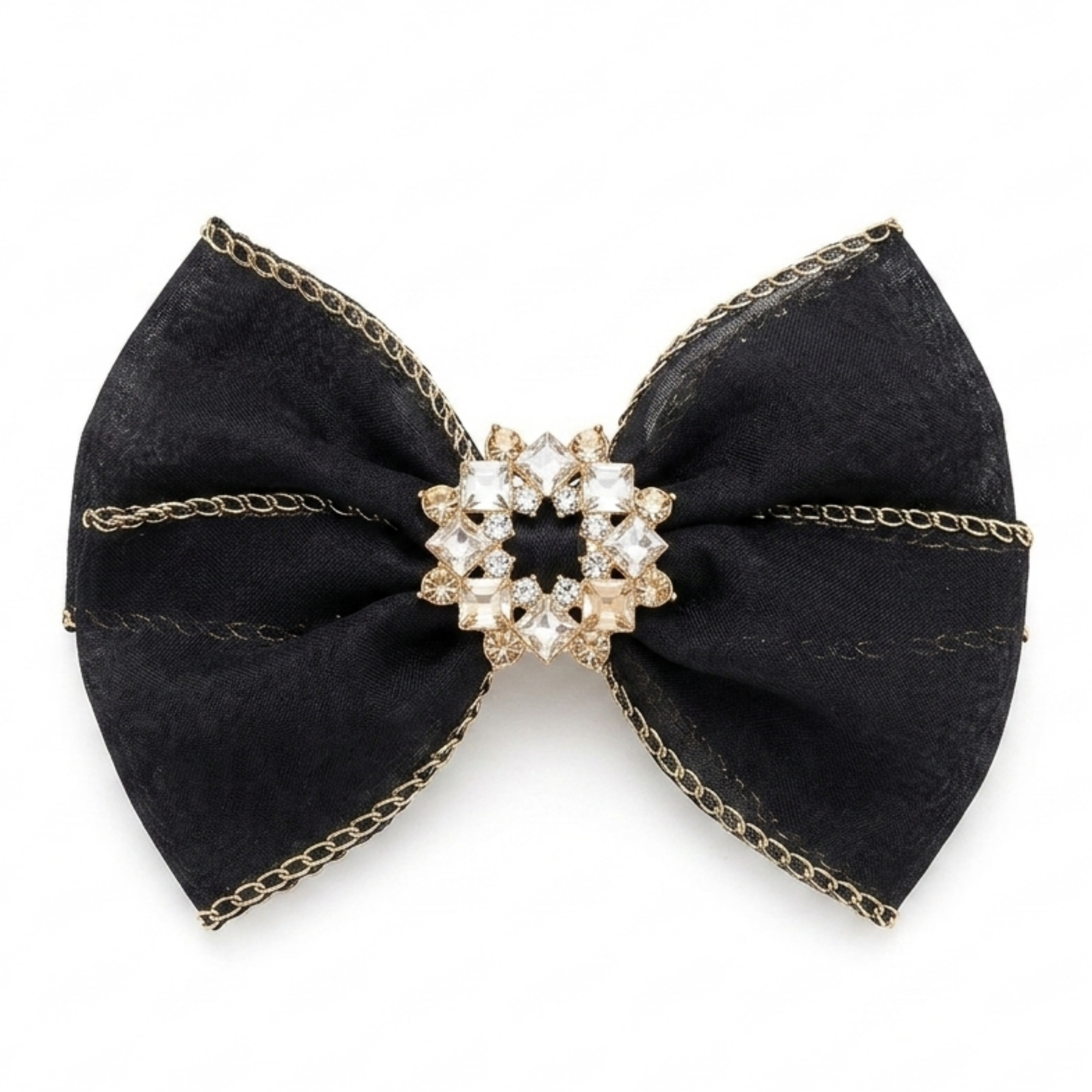 Black Sheer Bow Hair Clip with Crystal Detail - Evening Statement Accessory