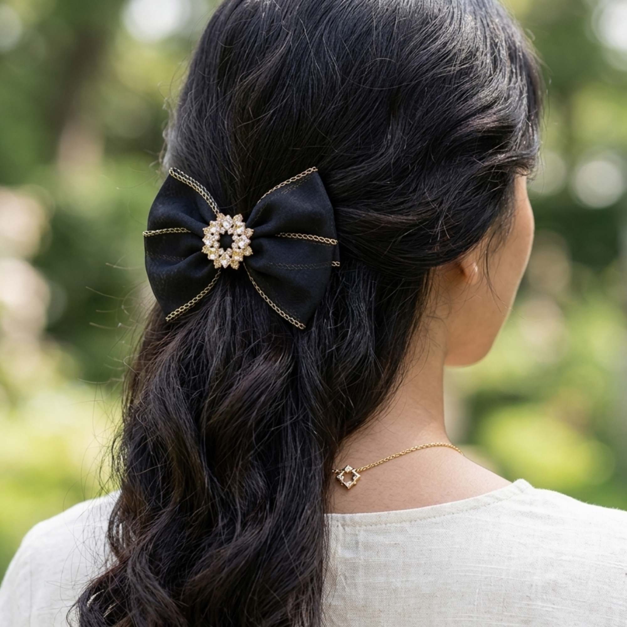 Black Sheer Bow Hair Clip with Crystal Detail - Evening Statement Accessory