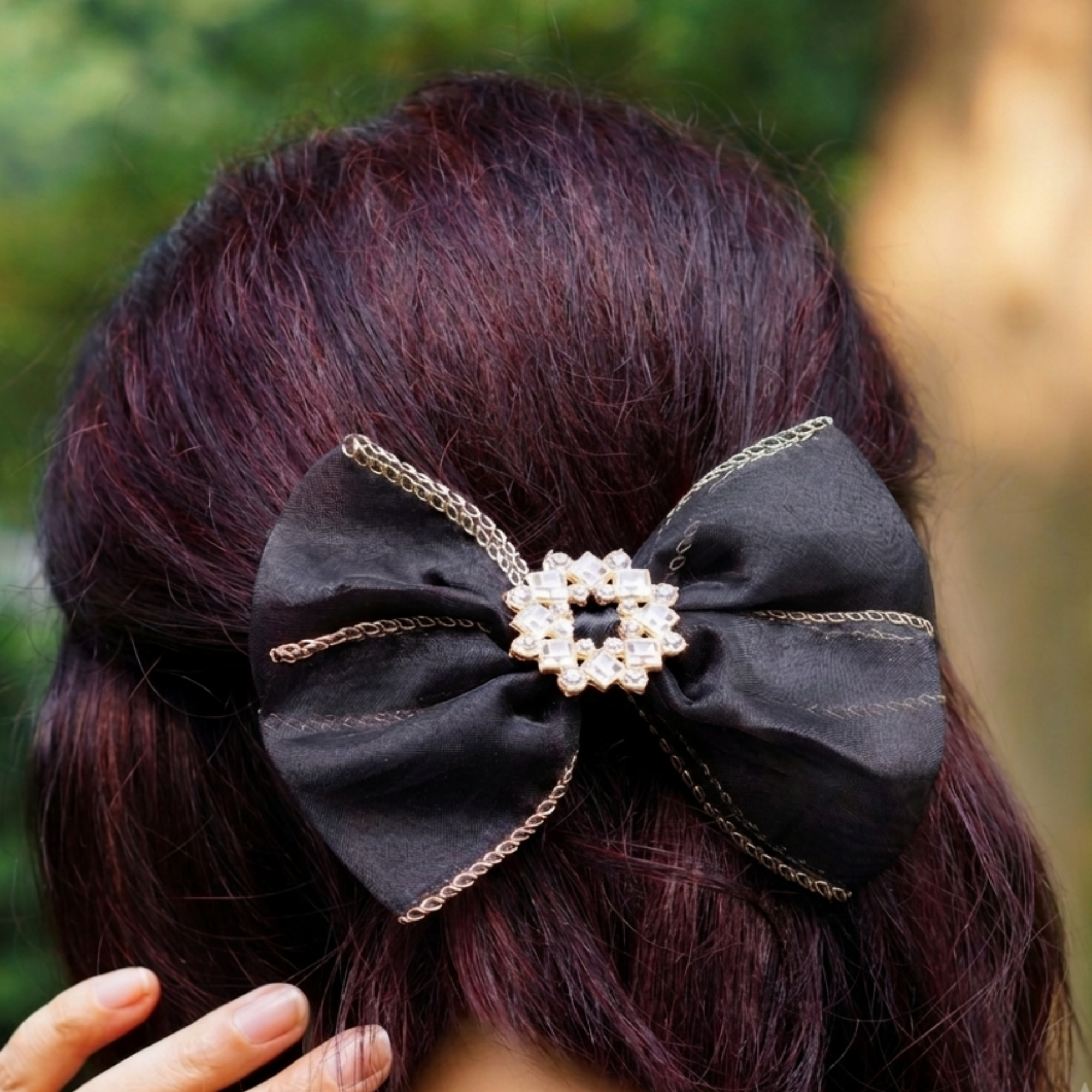 Black Sheer Bow Hair Clip with Crystal Detail - Evening Statement Accessory