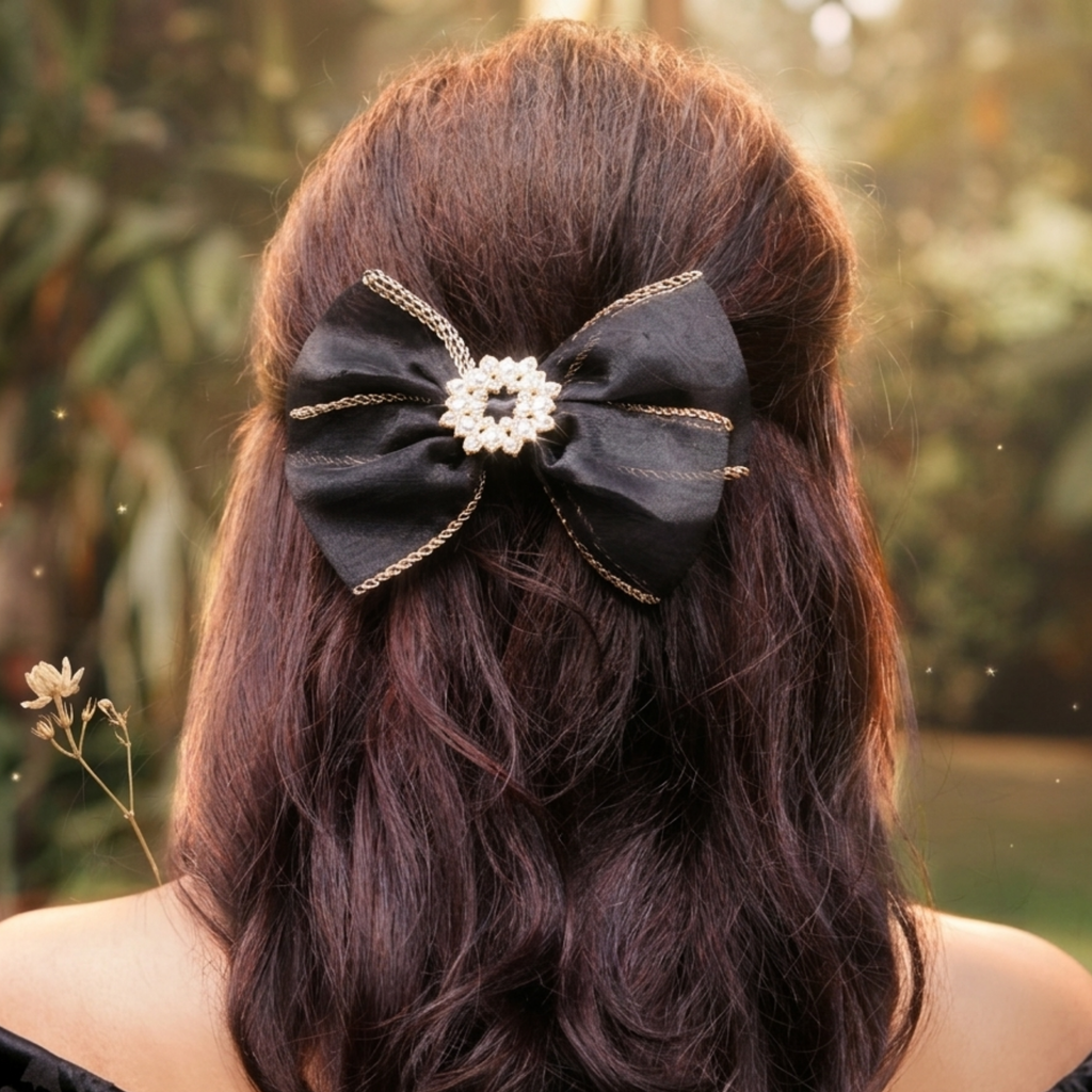 Black Sheer Bow Hair Clip with Crystal Detail - Evening Statement Accessory
