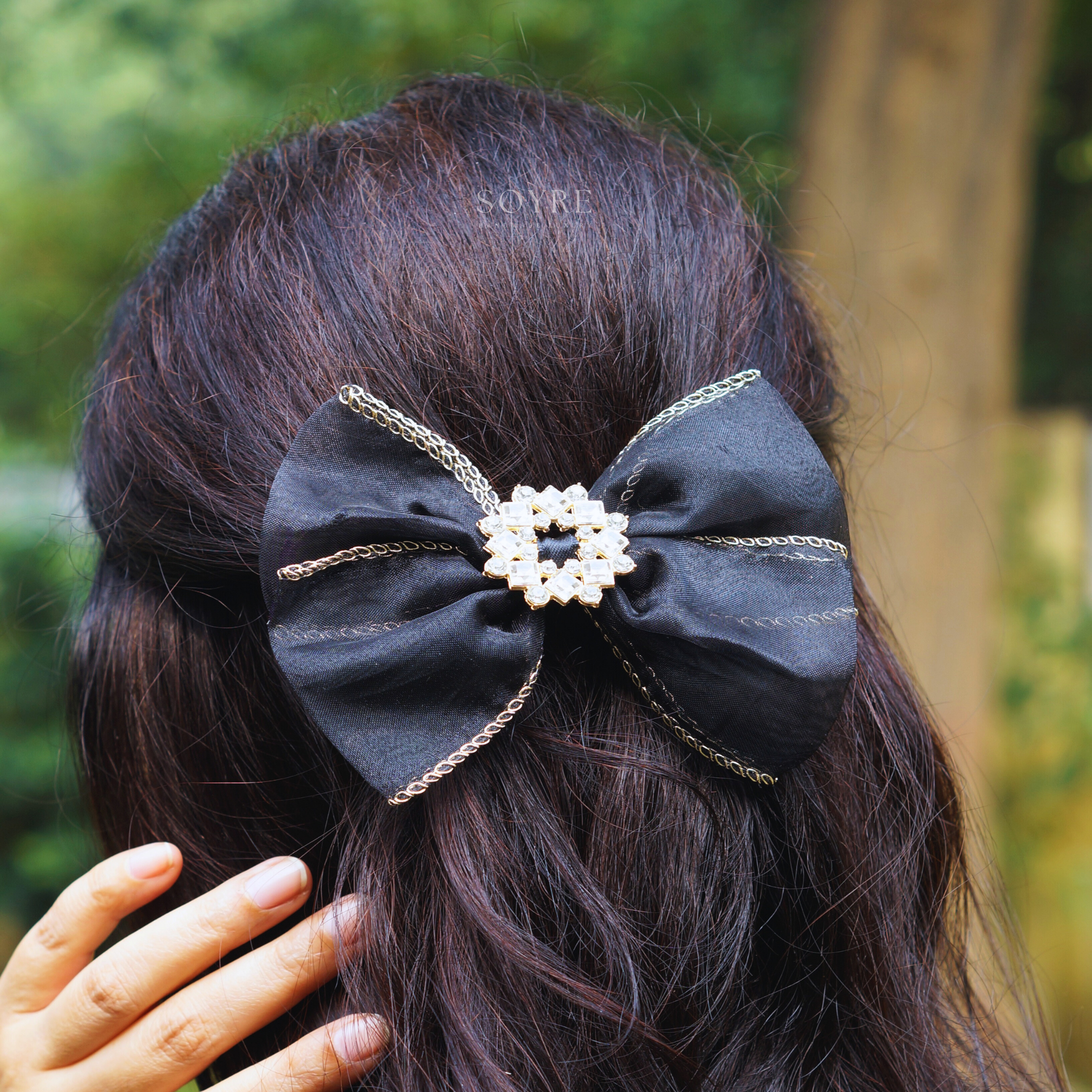 Black Sheer Bow Hair Clip with Crystal Detail Ð Evening Statement Accessory- Preview Image