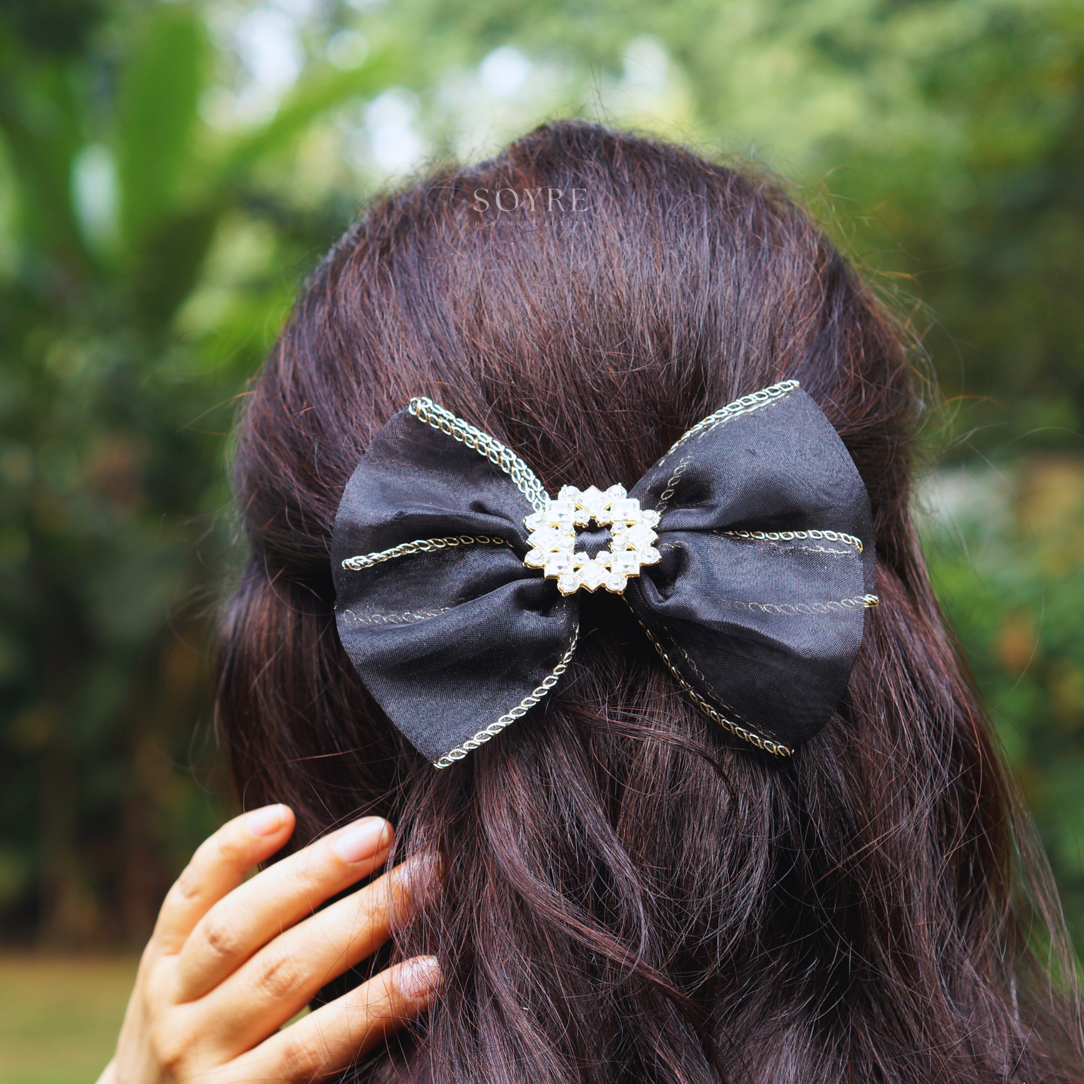 Black Sheer Bow Hair Clip with Crystal Detail Ð Evening Statement Accessory