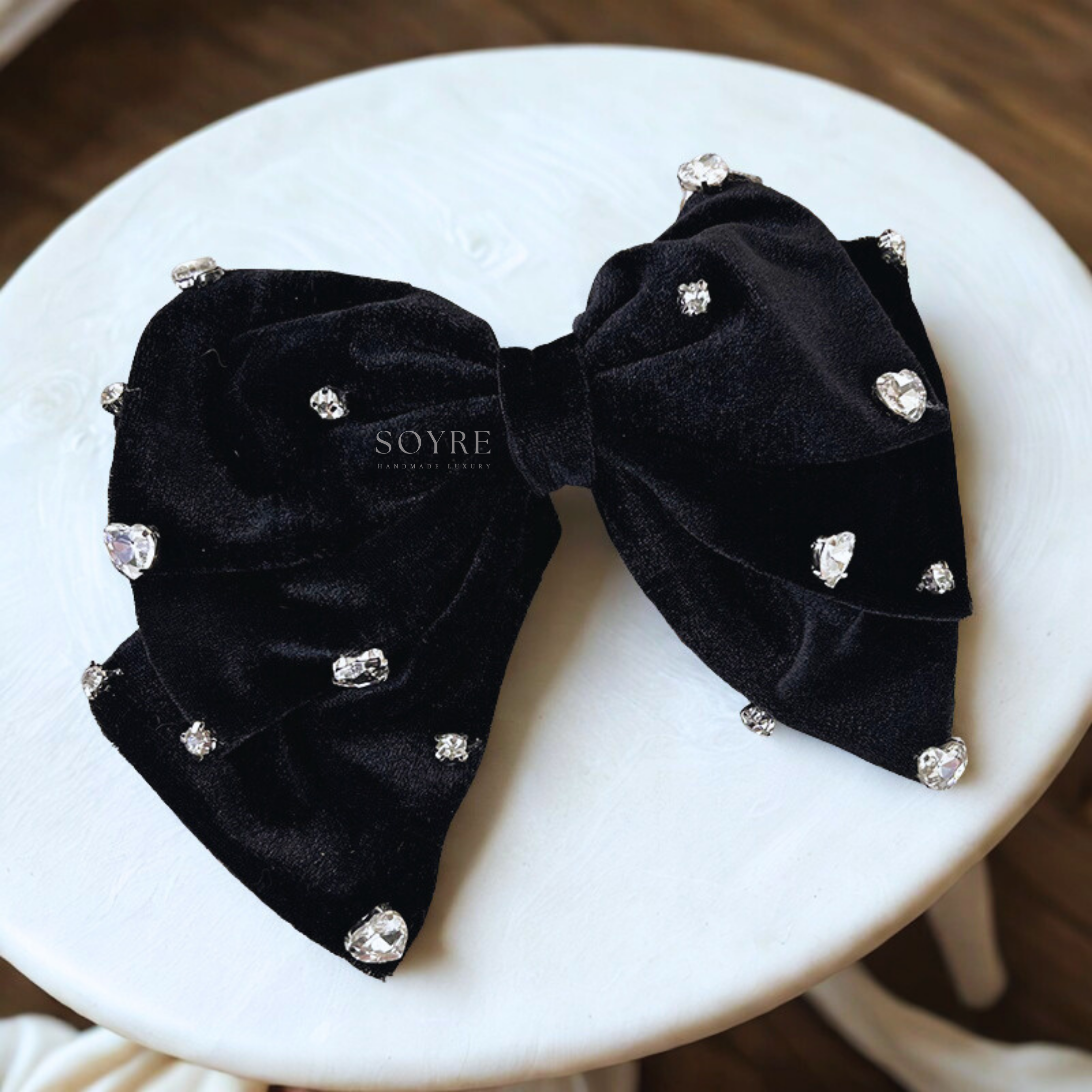 Black Velvet Bow Hair Clip with Rhinestones Ð Classic Evening Statement - Preview Image