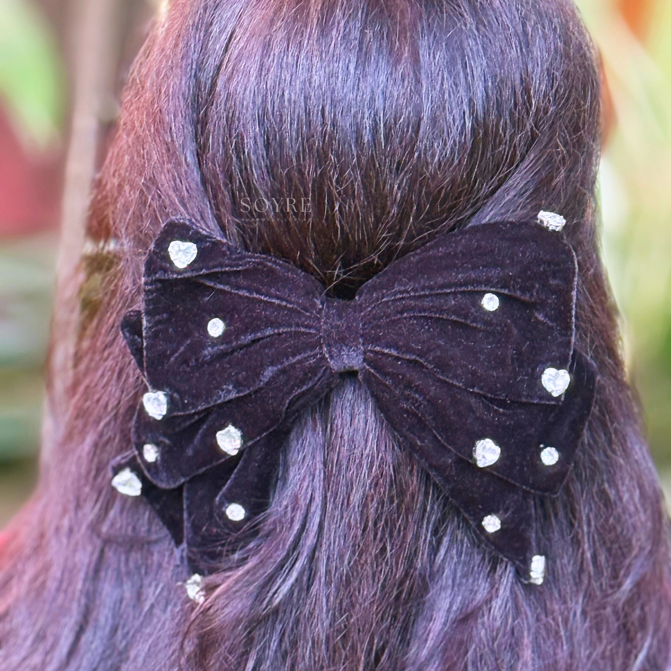 Black Velvet Bow Hair Clip with Rhinestones Ð Classic Evening Statement - Side Image