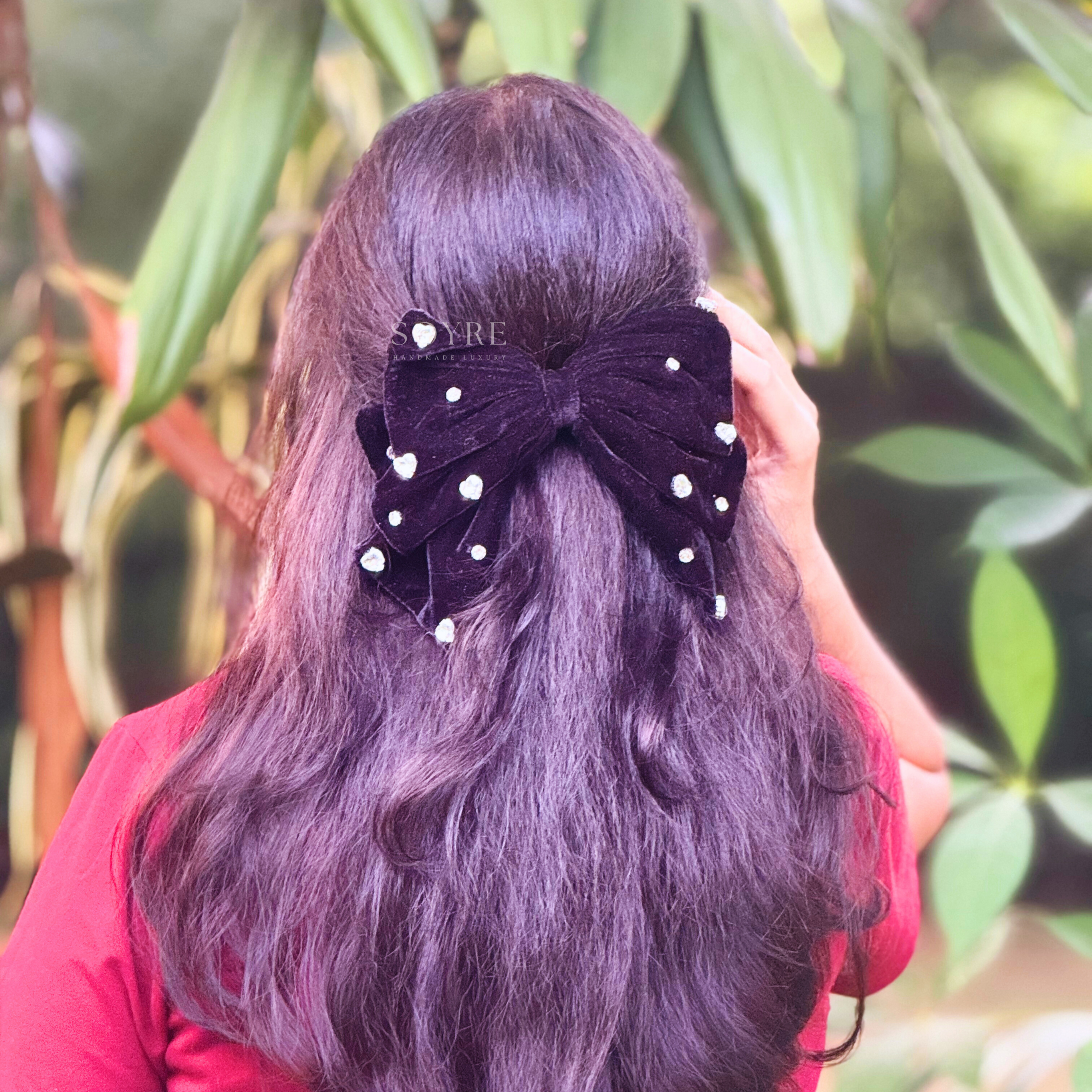 Black Velvet Bow Hair Clip with Rhinestones Ð Classic Evening Statement - Lifestyle Image