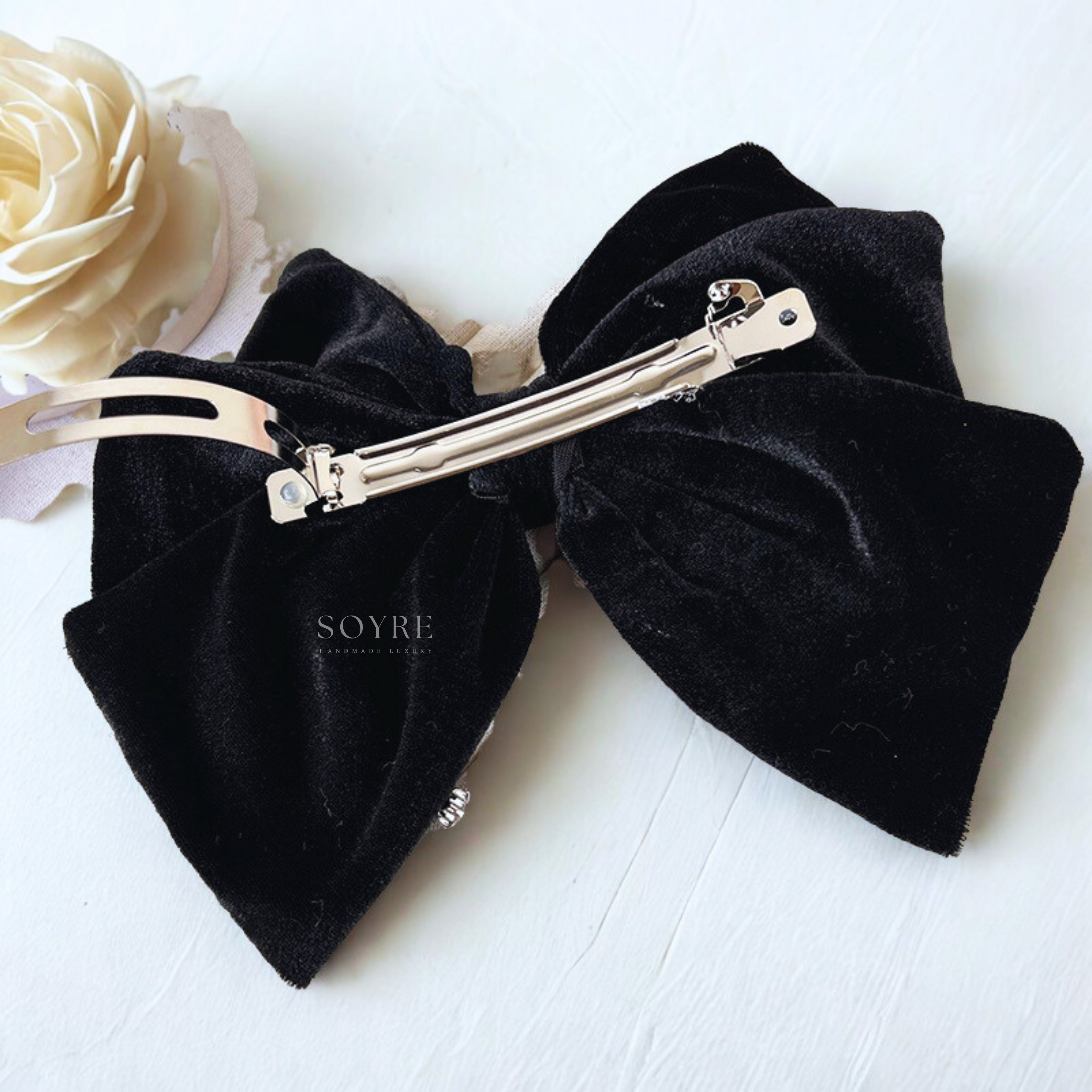 Black Velvet Bow Hair Clip with Rhinestones Ð Classic Evening Statement - Backside Image