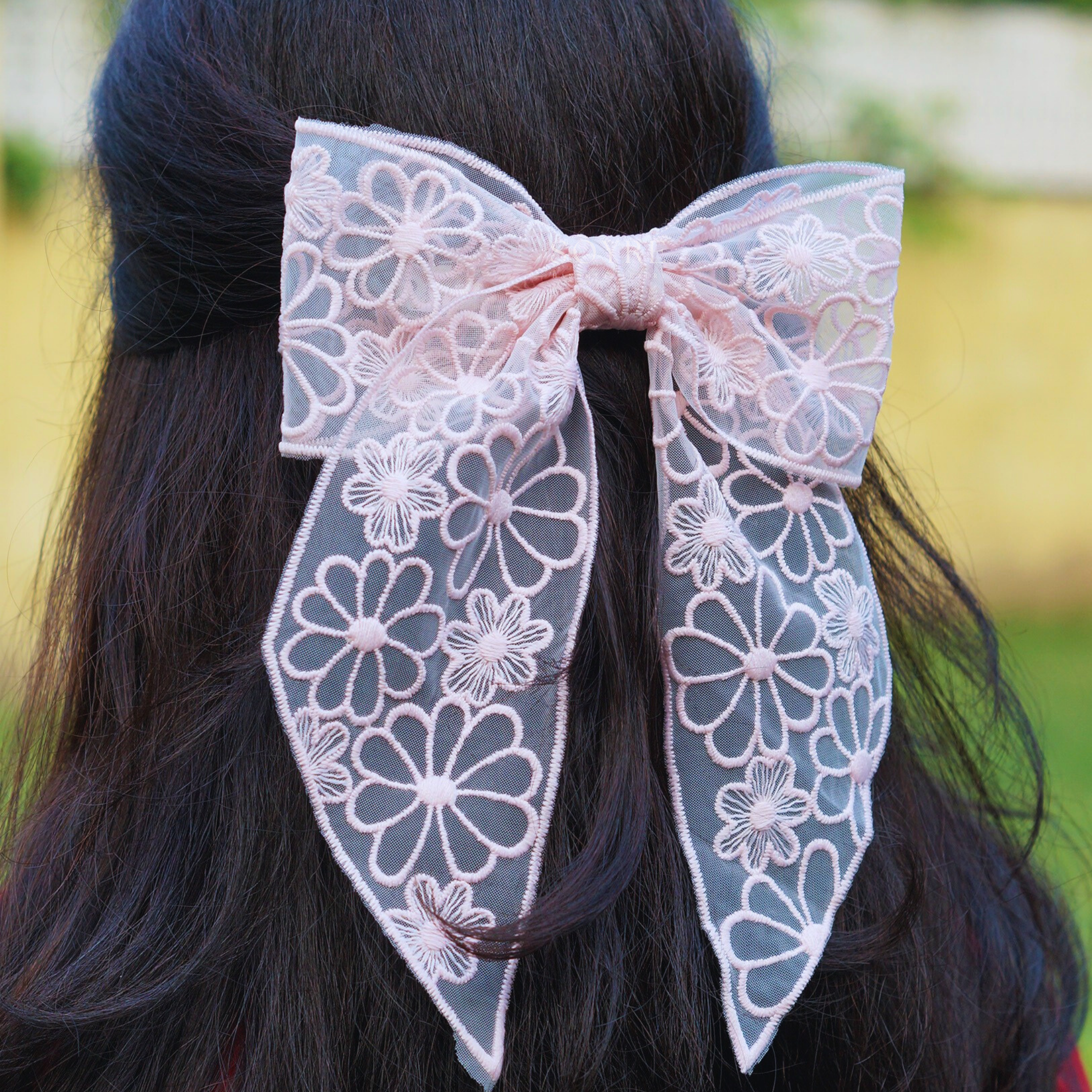 Blush Pink Sheer Lace Bow Clip Ð Romantic Statement Hair Accessory - Preview Image