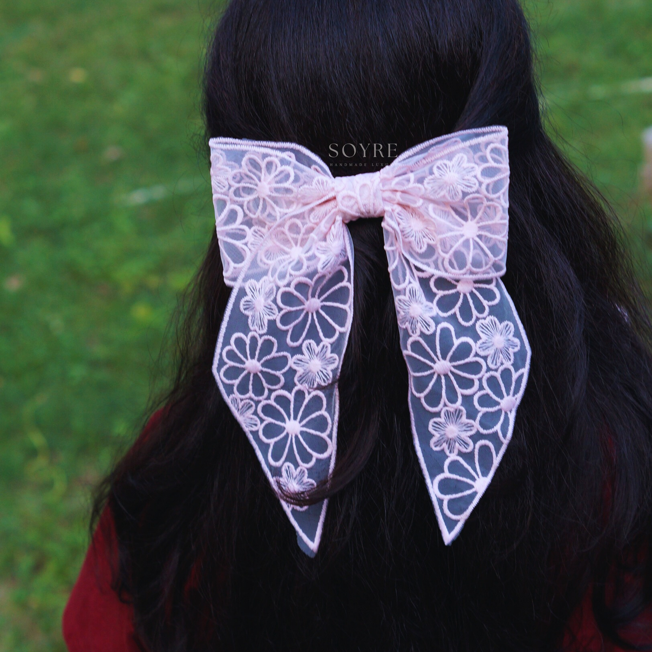 Blush Pink Sheer Lace Bow Clip Ð Romantic Statement Hair Accessory - Side Image