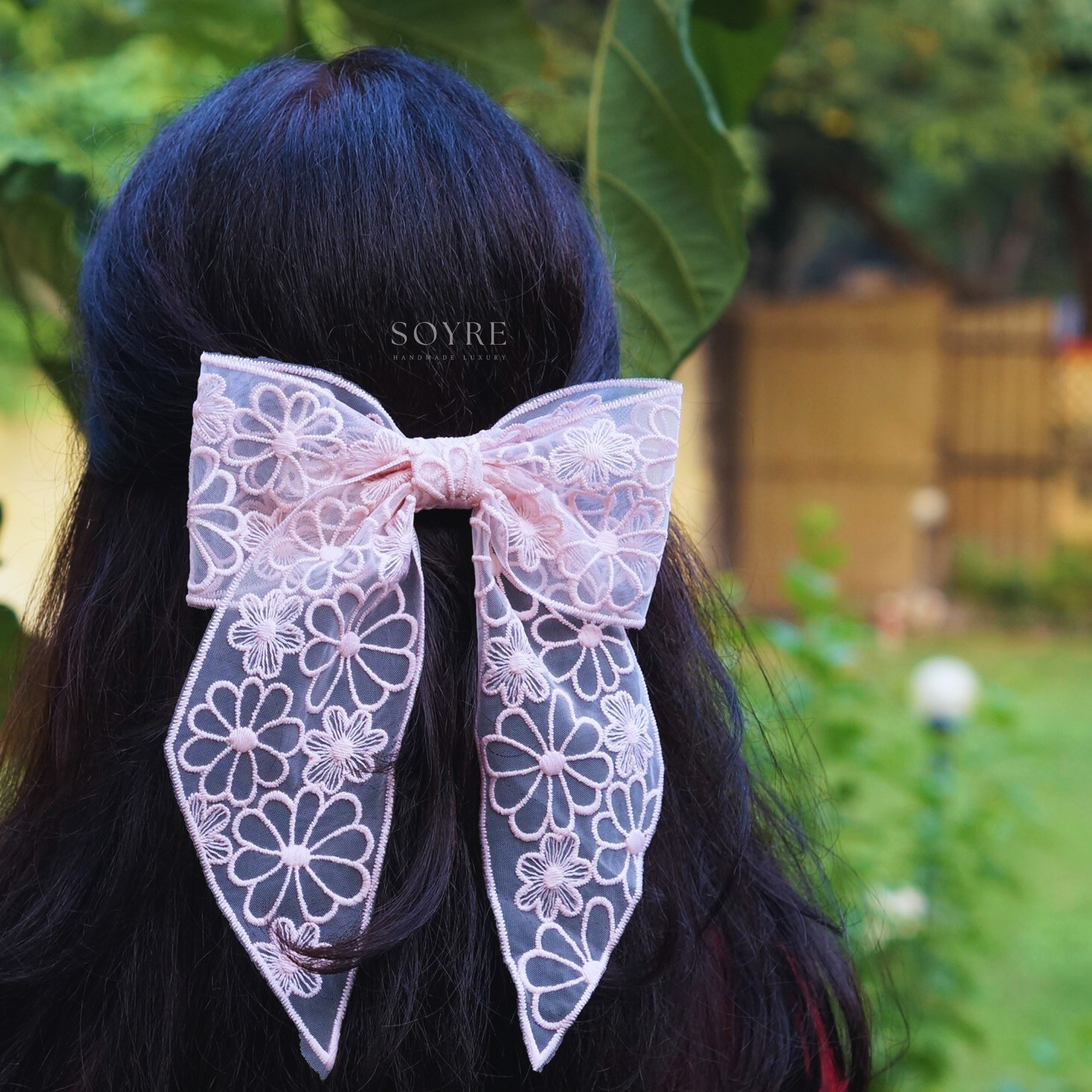 Blush Pink Sheer Lace Bow Clip Ð Romantic Statement Hair Accessory - Close up Image