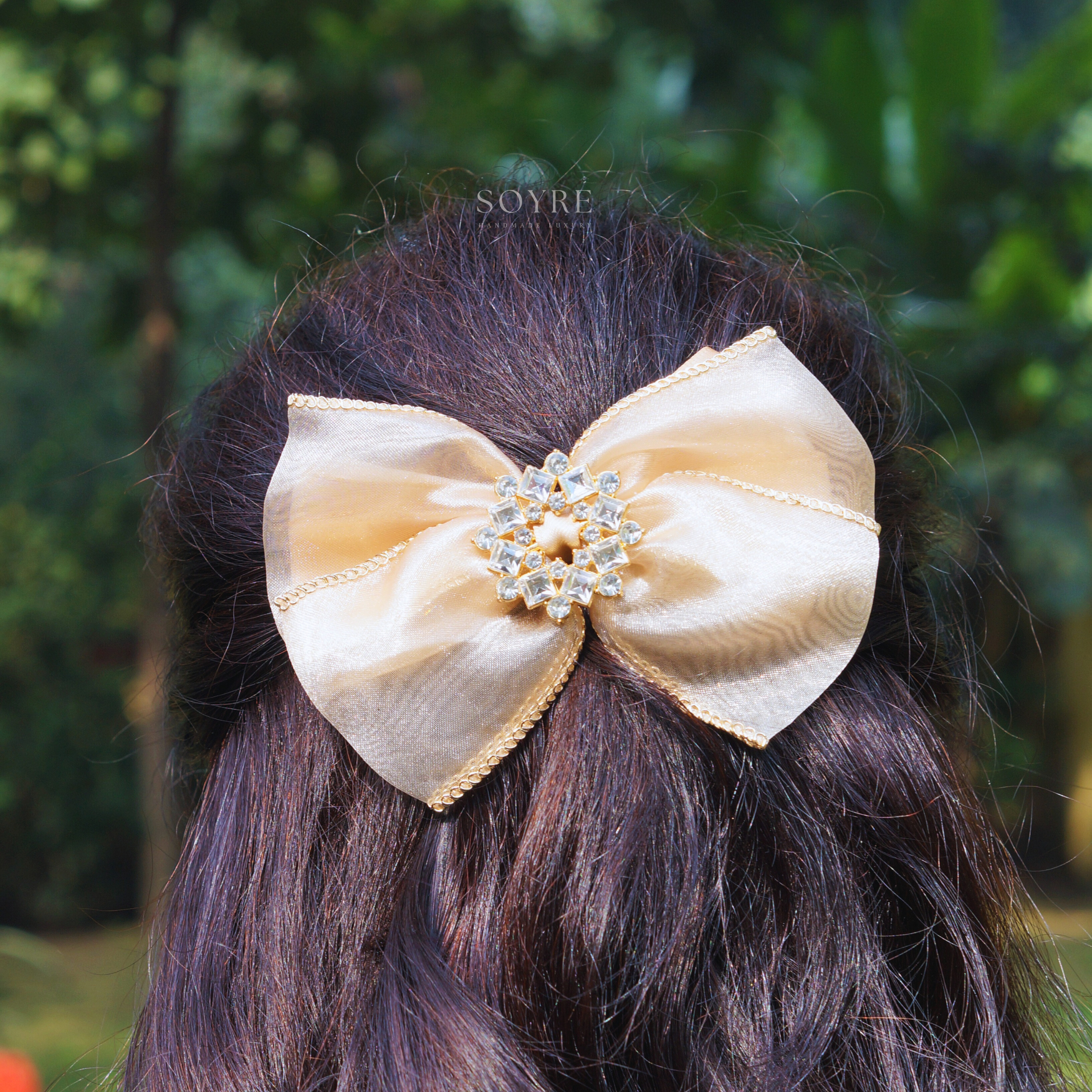 Champagne Sheer Bow Hair Clip with Crystal Detail Ð Elegant Occasion Piece- Preview Image