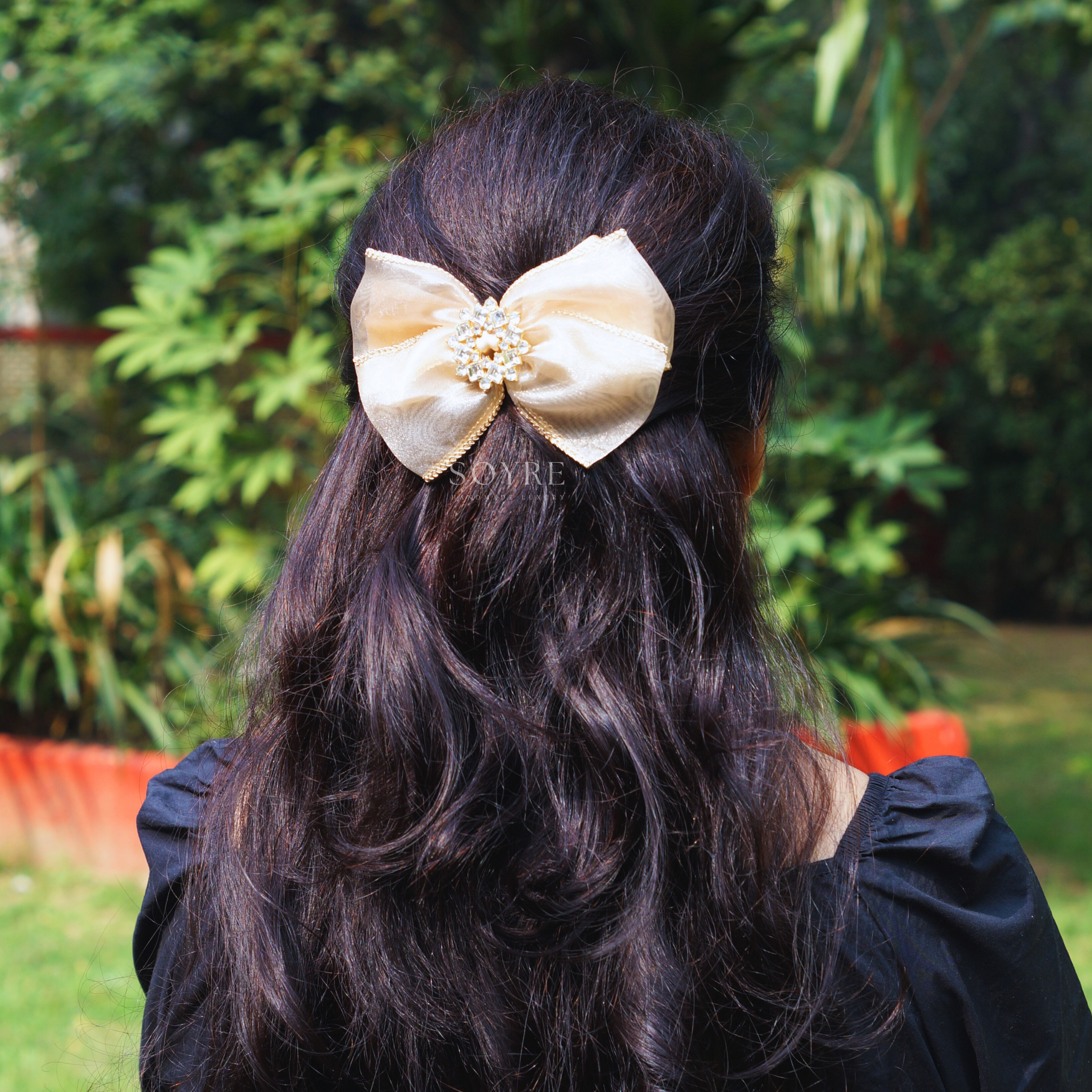 Champagne Sheer Bow Hair Clip with Crystal Detail Ð Elegant Occasion Piece