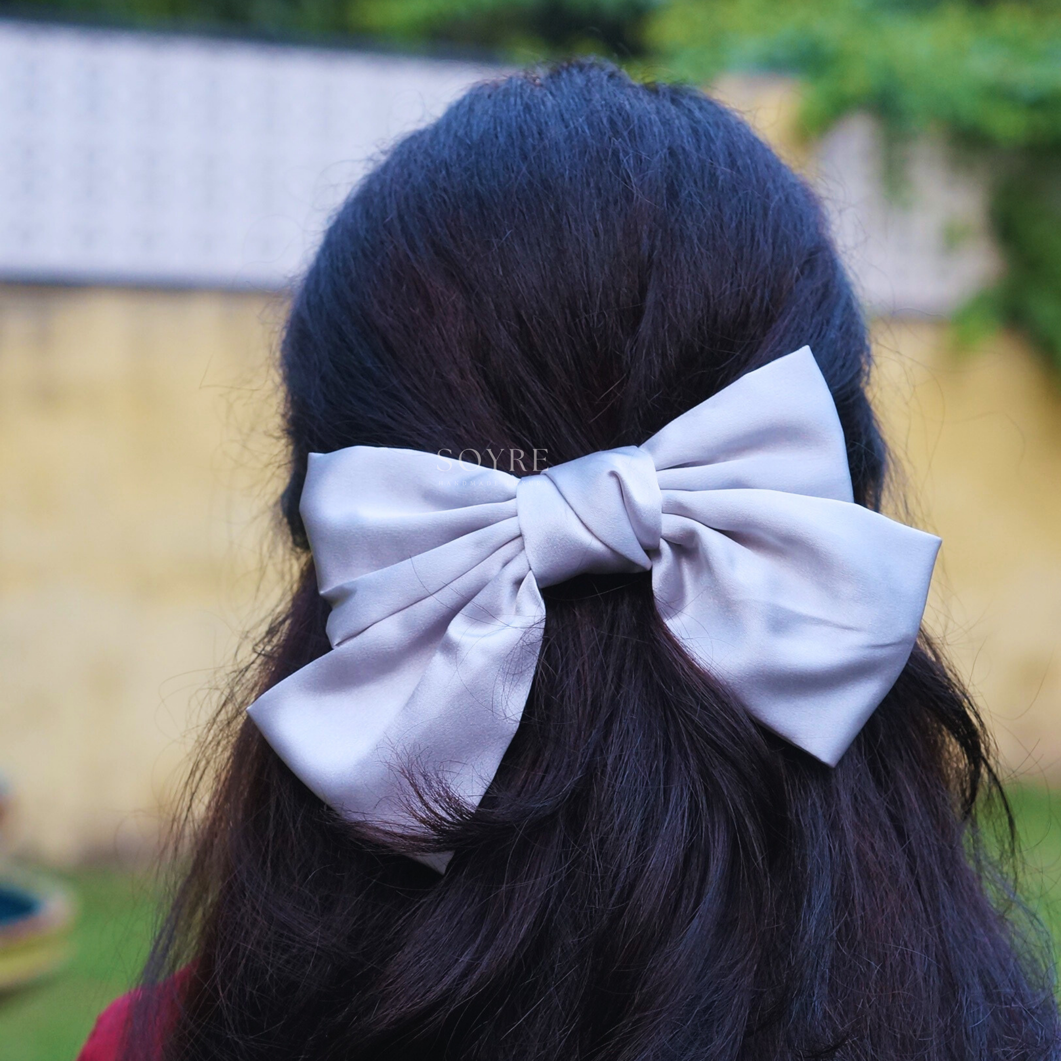 Dove Grey Satin Bow Hair Clip Ð Structured Elegant Statement - Side Image