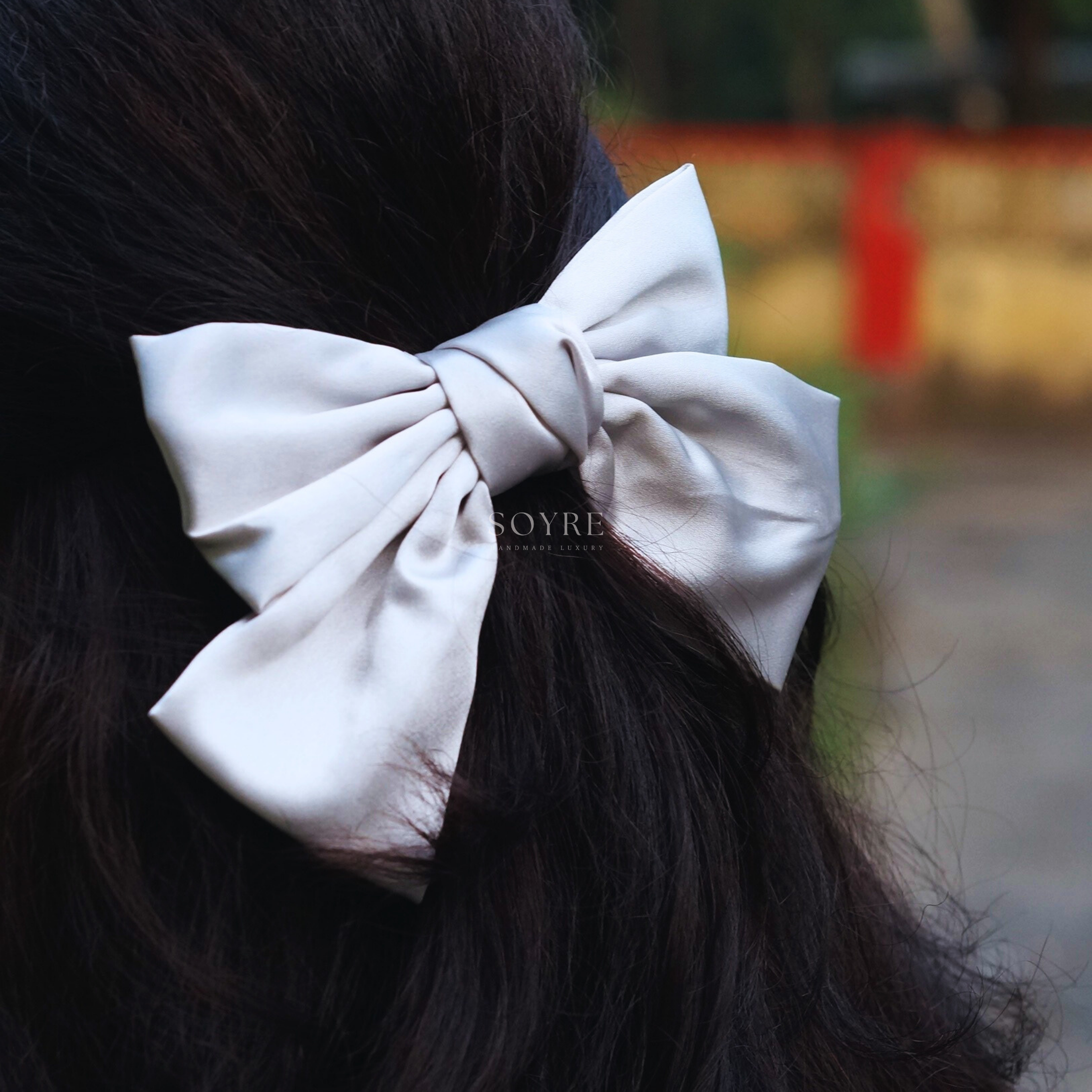Dove Grey Satin Bow Hair Clip Ð Structured Elegant Statement - Lifestyle Image