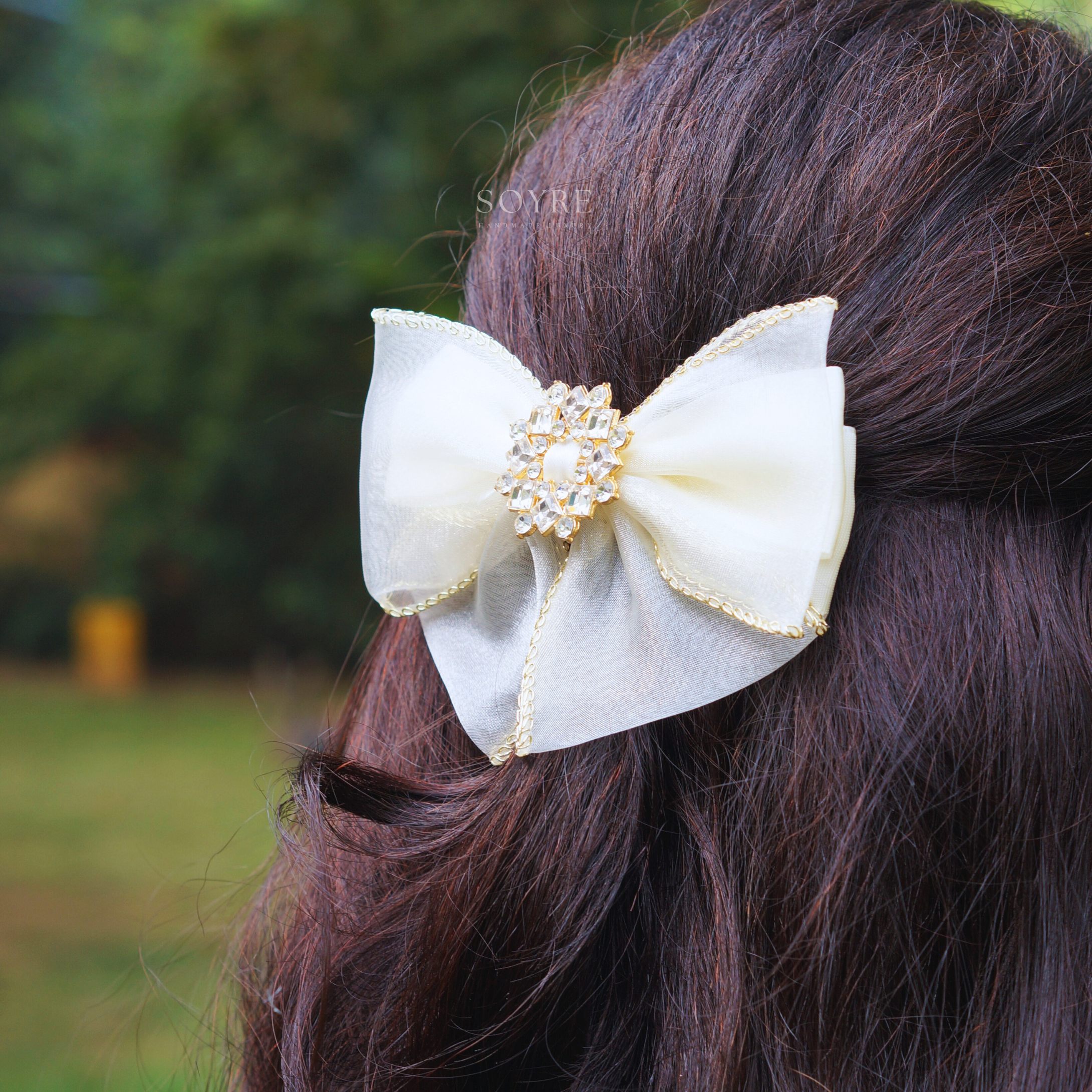 Soft Beige Sheer Bow Hair Clip with Crystal Detail Ð Subtle Elegant Accent- Preview Image